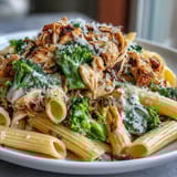 Bright broccoli florets and tender shredded chicken in garlic yogurt sauce over whole-wheat penne.
