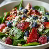 Colorful spinach and berry salad bowl featuring crumbled goat cheese, toasted pecans, and thinly sliced red onion, served as a refreshing light lunch or side.