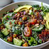 A colorful Mixed Greens Power Bowl with chickpeas, shredded carrots, and pumpkin seeds, finished with a zesty lemon dressing on the side.