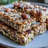 Wholesome oat and seed granola bars with golden honey and a sprinkle of cinnamon, perfect for healthy snacking.