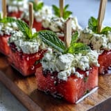 Sweet watermelon, salty feta, and cool mint skewers, a perfect easy appetizer.