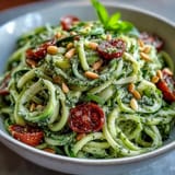 Freshly made Zucchini Noodles with Avocado Pesto, perfect for a light, flavorful lunch.