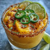 Delectable spicy mango margarita slushie, brimming with sweet fruit and zesty lime flavor.