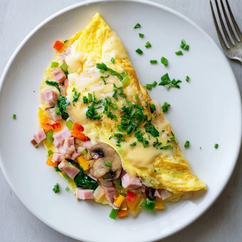 Fluffy omelet with cheese oozing melted cheddar, paired with sautéed spinach and cherry tomatoes on a white plate.