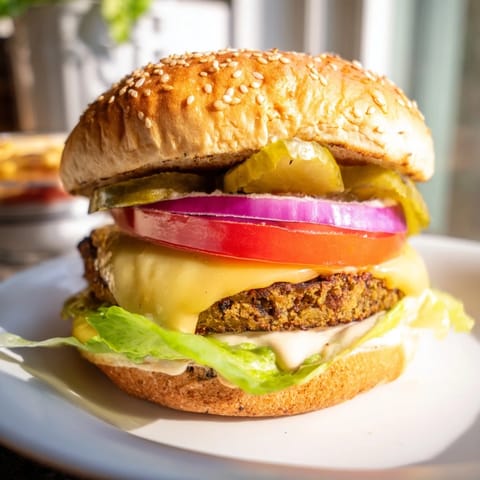 Stacked Veggie Burger with fresh lettuce, tomato, and pickles, served on a plate with ketchup and mustard.