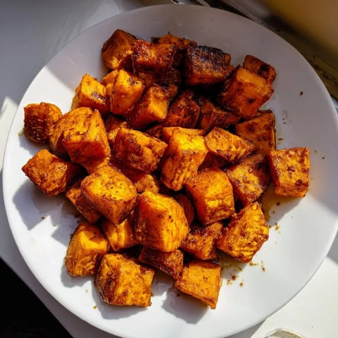 Freshly roasted sweet potatoes in a white bowl, garnished with herbs, perfect for a healthy vegan side dish.