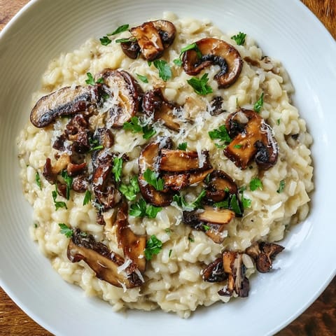 Steaming Roasted Mushroom Risotto topped with caramelized mushrooms and extra grated Parmesan served beside a glass of white wine.