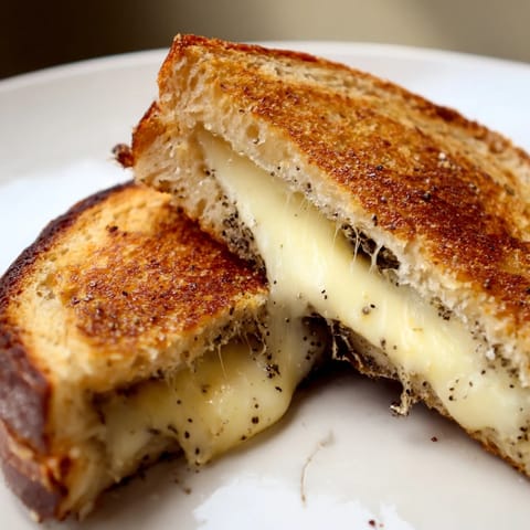 A decadent truffle grilled cheese sandwich paired with a glass of crisp white wine and fresh greens on the side.