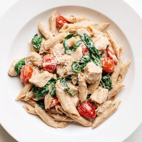 Al dente whole wheat penne and golden seared chicken pieces tossed in a luscious Greek yogurt sauce, garnished with fresh spinach, cherry tomatoes, and a sprinkle of Parmesan in a rustic skillet.  