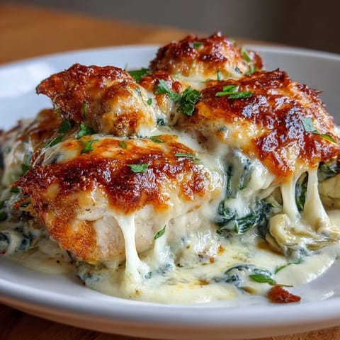 Golden-brown spinach and artichoke chicken bake bubbly with creamy cheese topping.