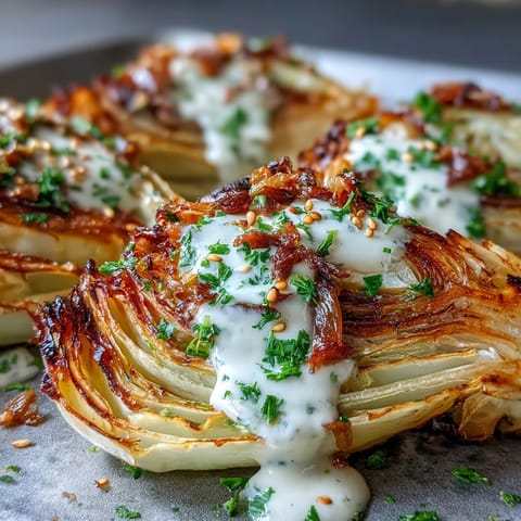 Golden roasted cabbage wedges with crispy edges, drizzled with creamy tahini sauce and sprinkled with fresh parsley.