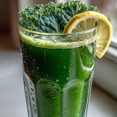 A high-angle shot of a pitcher of Cabbage and Kale Detox Juice next to fresh kale leaves and ginger root.