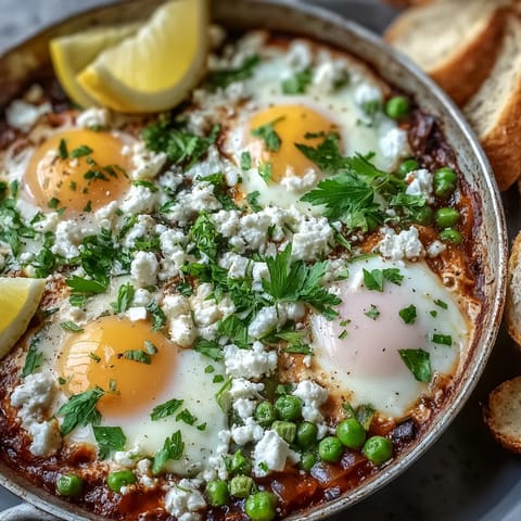 Golden eggs poached in a savory tomato and herb sauce with bright green peas and broad beans in shakshuka.
