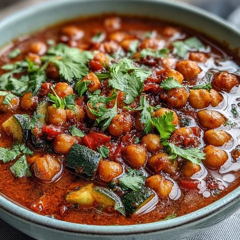 Spicy Chickpea Stew simmering in a pot with vibrant carrots, zucchini, and chickpeas in a rich tomato broth.
