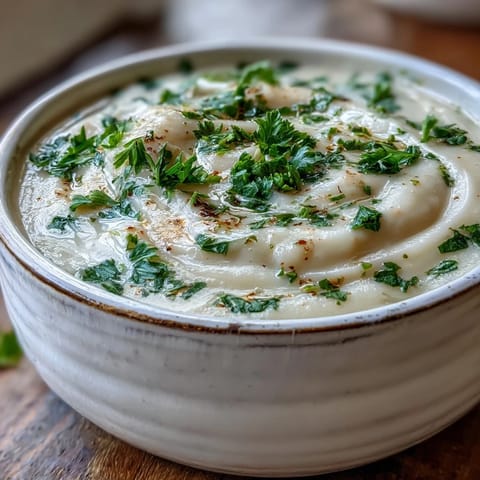 Creamy White Bean and Parmesan Soup ladled into a rustic bowl with crusty bread on the side.