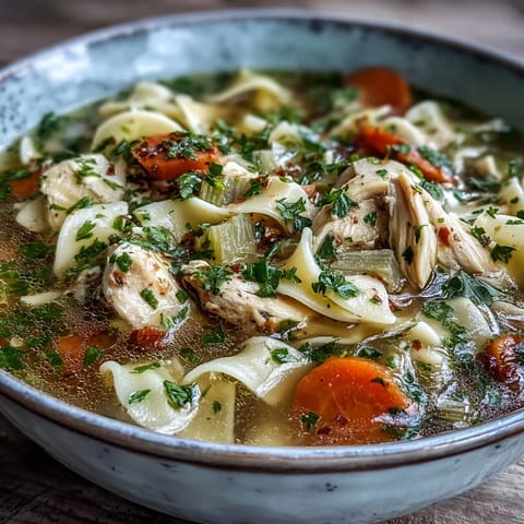 Homemade Chicken Noodle Soup steaming in a white bowl with tender chicken, carrots, celery, and parsley garnish.
