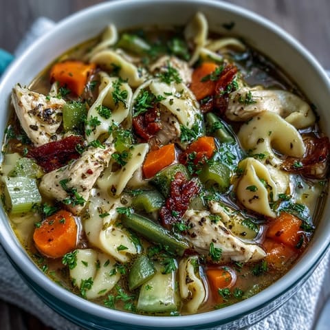 Freshly cooked Pasta Soup With Chicken and Vegetables in a rustic bowl, featuring tender chicken, diced carrots, celery, and peas.