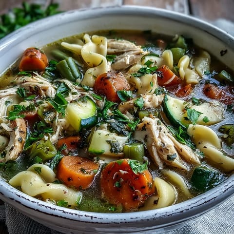 Hearty steaming bowl of Pasta Soup With Chicken and Vegetables, garnished with fresh parsley and served alongside crusty artisan bread.