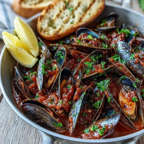 A steaming bowl of Smoky Mussels Pomodoro served with crusty sourdough bread, perfect for dipping into the smoky sauce.