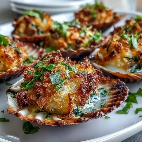Golden roasted clams with lemony panko sit on a bed of rock salt, garnished with fresh parsley and lemon wedges. 