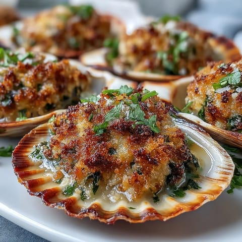 A close-up of Roasted Clams With Lemony Panko shows bubbling, buttery breadcrumbs and tender clam meat. 