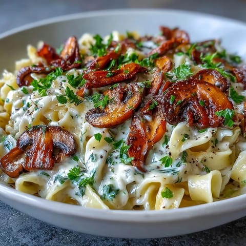 Creamy Mushroom Stroganoff tossed with wide egg noodles in a rich, creamy mushroom sauce.