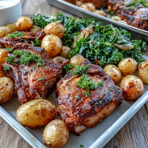 Golden Aleppo Pork Chops alongside crispy potatoes and sautéed greens on a rustic baking sheet.