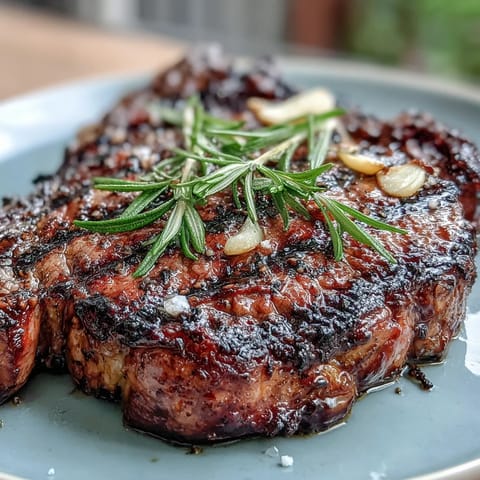 Perfectly seared grilled bone-in rib eye steak rests on a platter next to golden potatoes and lemon, ready to serve.