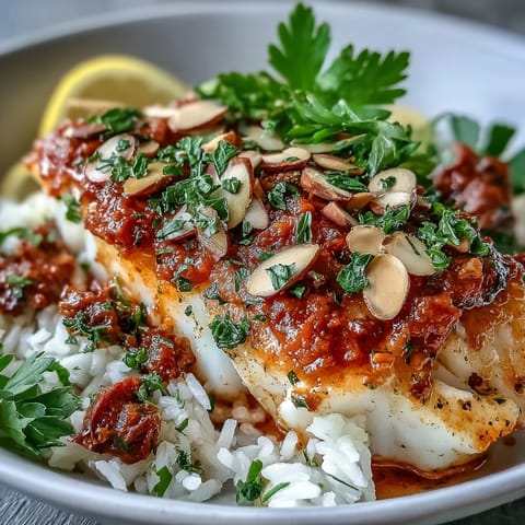 Flaky tomato-roasted cod fillets garnished with crunchy spiced almonds and fresh parsley on aromatic ginger rice.