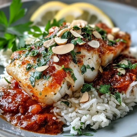 Tomato-Roasted Cod With Spiced Almonds served over ginger rice, finished with lemon wedges for a bright, citrusy finish.