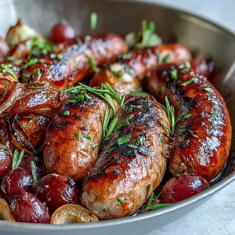 A close-up of Roasted Sausage and Grapes, showcasing caramelized red onions and juicy grapes on golden-brown sausages.