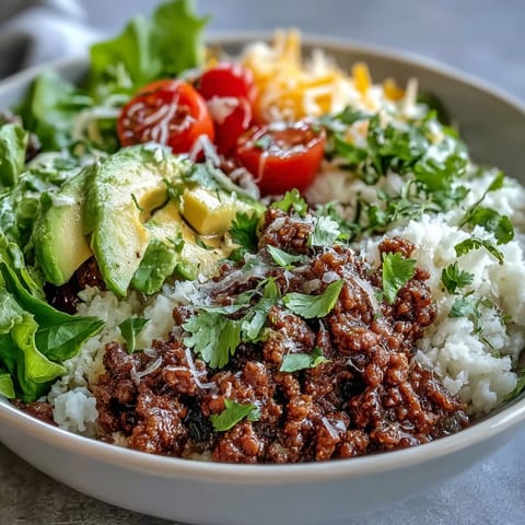 A freshly assembled Low Carb Burrito Bowl features seasoned ground beef, fluffy cauliflower rice, and crisp shredded romaine lettuce. Topped with tomatoes, diced avocado, cheese, and sour cream for a delicious, low-carb dinner.