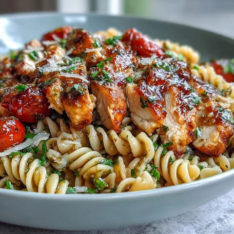 A fork twirls al dente penne in Bruschetta Chicken Pasta, featuring golden chicken, melted mozzarella, and balsamic glaze on a wooden table.