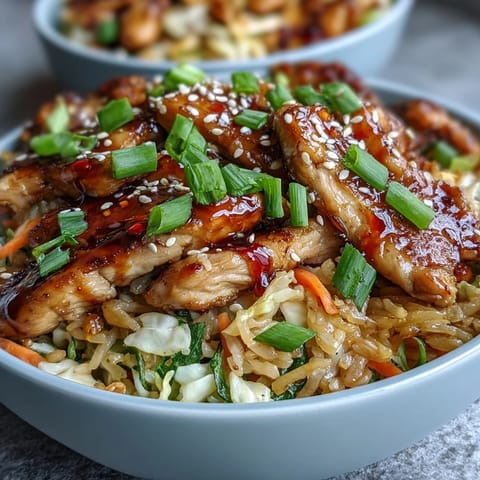 Sizzling chicken, cabbage, and carrots tossed in a tangy soy-sesame glaze for Egg Roll Bowls.