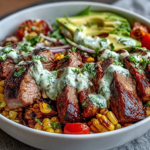 Juicy flank steak slices, charred roasted corn, creamy avocado, and tangy Cotija cheese sit on fluffy rice, drizzled with vibrant cilantro cream sauce for a colorful Tex-Mex bowl.