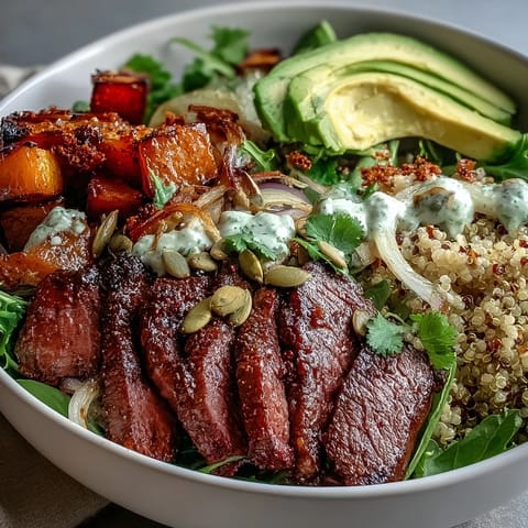 Roasted butternut squash steak bowl with quinoa, greens, and creamy avocado topped with pepitas.