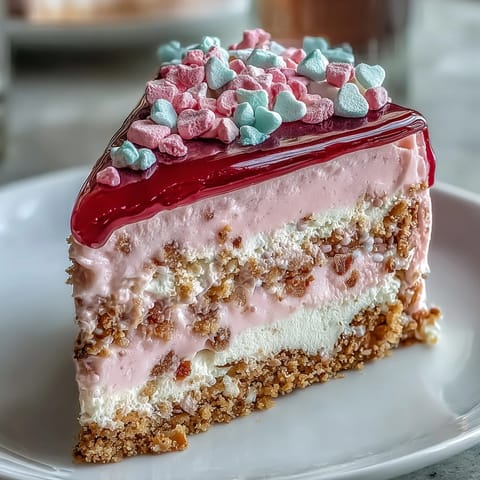 Slices of Candy Hearts Fake Cake reveal a creamy cheesecake layer over a crunchy graham cracker crust.