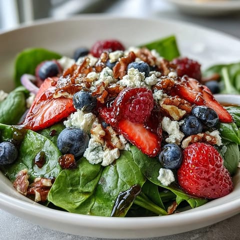 Fresh baby spinach and juicy mixed berries tossed with creamy goat cheese and crunchy toasted walnuts, lightly coated in tangy balsamic vinaigrette for a vibrant salad.