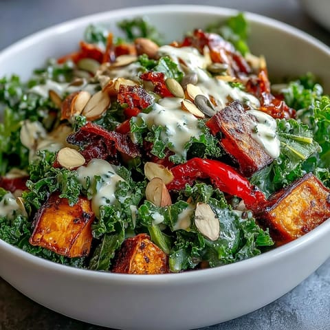 Roasted sweet potato, zucchini, and peppers shine in this hearty Kale Salad Bowl, tossed with creamy tahini dressing.