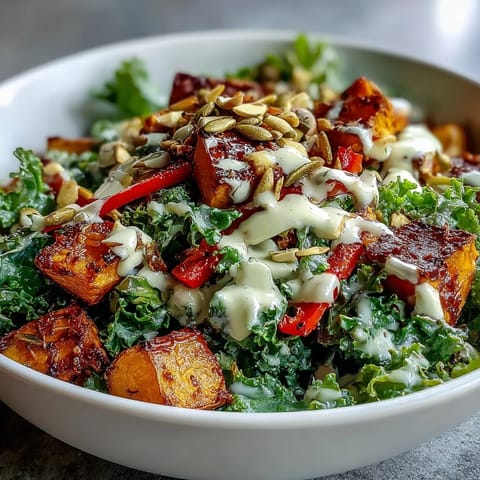 Tender massaged kale forms the base of a nutritious Kale Salad Bowl topped with crunchy almonds and pumpkin seeds.