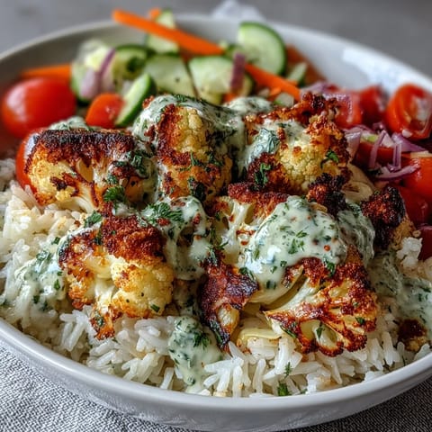 Golden herb-roasted cauliflower florets over fluffy rice, topped with fresh veggies and drizzled with creamy tahini sauce in the Roasted Cauliflower Bowl.