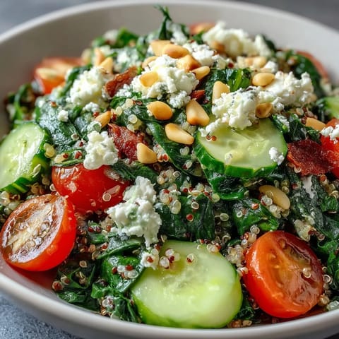 A wholesome Mediterranean-inspired Spinach and Feta Grain Bowl with diced bell peppers, red onion, and a bright lemon-olive oil dressing, ready to serve.