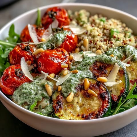 Freshly cooked quinoa, roasted zucchini, and red peppers topped with peppery arugula pesto in a grain bowl.