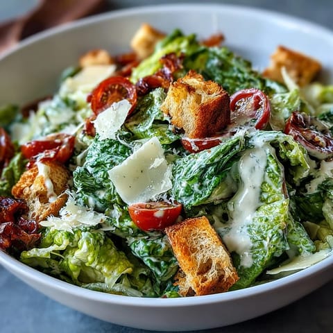 Freshly tossed Romaine Caesar Bowl topped with golden homemade croutons and shaved Parmesan, ready to serve.