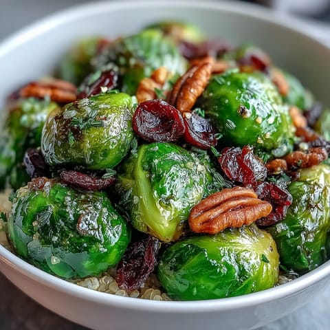 Golden roasted Brussels sprouts and red onions with balsamic glaze sit atop fluffy quinoa in this nourishing bowl.