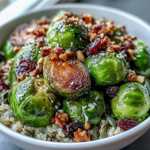 Roasted Brussels Sprouts Bowl topped with crunchy pecans, chewy cranberries, and tangy balsamic drizzle, ready to eat.