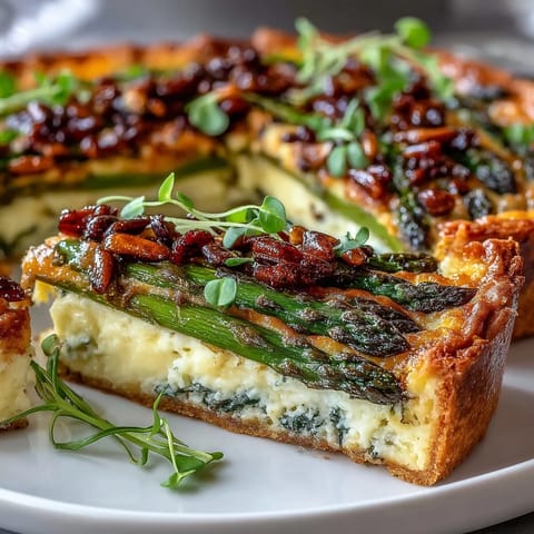 Spring asparagus tart with puff pastry, golden and flaky, topped with fresh asparagus spears and melted cheese for a vibrant vegetarian appetizer.