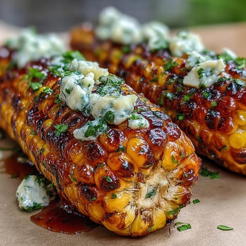 Juicy grilled corn on the cob wrapped in foil with herb butter, charred to perfection for a summer BBQ feast.  