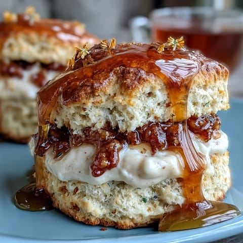 Spring Brunch Dandelion Honey Scones with Clotted Cream: golden, honey-kissed scones dotted with fresh dandelion petals, served warm with rich clotted cream for a floral spring treat.