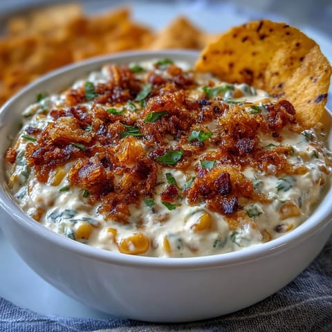 Vibrant Mexican elote dip featuring lime, jalapeño, and cotija, perfect for scooping with warm tortilla chips at parties.  